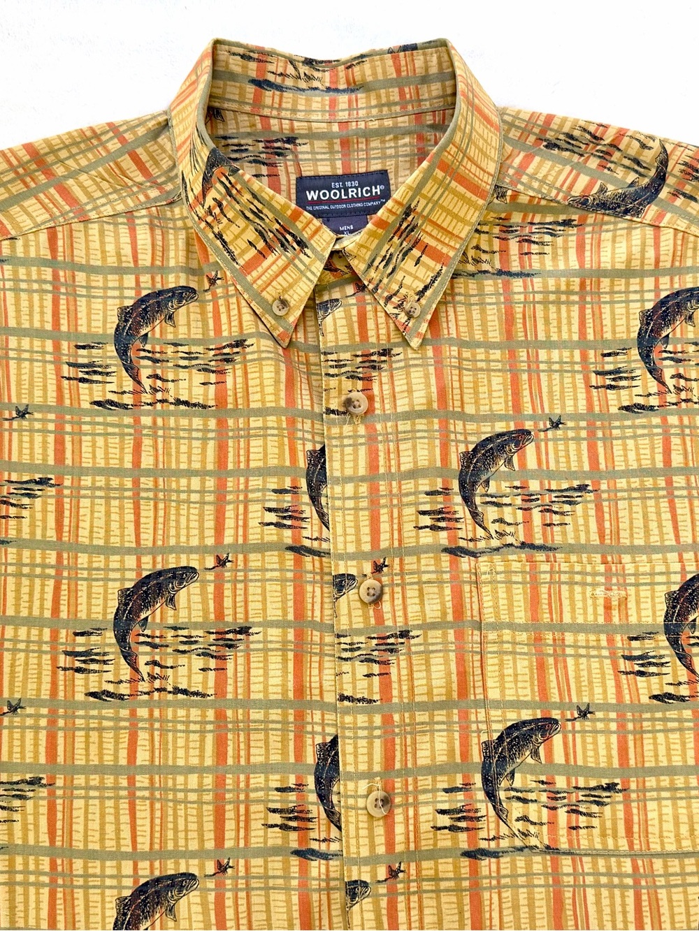 Woolrich Curry Fish & Dragonfly #6643 Short Sleeve Button Down Shirt Size XL - Picture 3 of 10